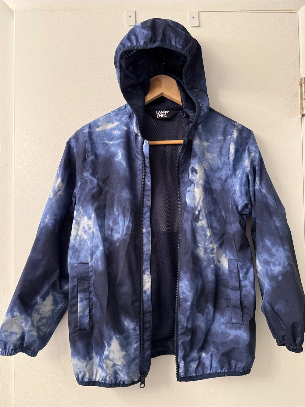 Lands End Blue Hooded Windbreaker Rain Jacket Boys L (10-12)